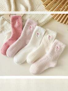5 Pairs Soft Plush Embroidered Bow Short Socks, Warm Thermal Lined Comfortable Home Sleep Socks, Sweet Macaron Color Girls Daily Wear Socks - Multicolor - View 3