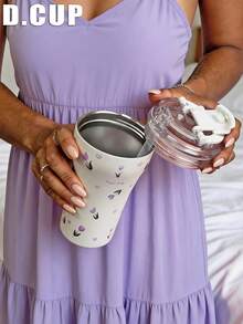 1pc 380ml Purple Mist Tulip Pattern Double-Wall Stainless Steel Insulated Cup, Direct Drinking Mouth, Water Cup, Coffee Cup, Tea Cup, Suitable For Home, Party, School, Outdoor, Travel And Other Occasions, Valentine's Day Gift, Mother's Day Gift, Back To School, Graduation Season, Birthday Gift - Multicolor - View 5