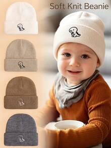 1pc Toddler Boy Simple Dinosaur Knit Beanie, High Elasticity Warm Hat, Suitable For 1-3 Years Old Baby Daily Outdoor Use - Multicolor - View 2