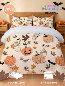 Juego de 3 piezas de funda nórdica de Halloween Blissful, tema de Halloween, juego de ropa de cama cómodo, impresión digital de alta definición, patrón de hoja de arce, postre y calabaza, 1 pieza de funda nórdica con cuatro esquinas y cremallera desmontable + 2 piezas de fundas de almohada con bolsillos, sin relleno, adecuado para dormitorio, residencia estudiantil (ropa de cama para dormitorios de niños y niñas) o viajes - Multicolor - Ver 1