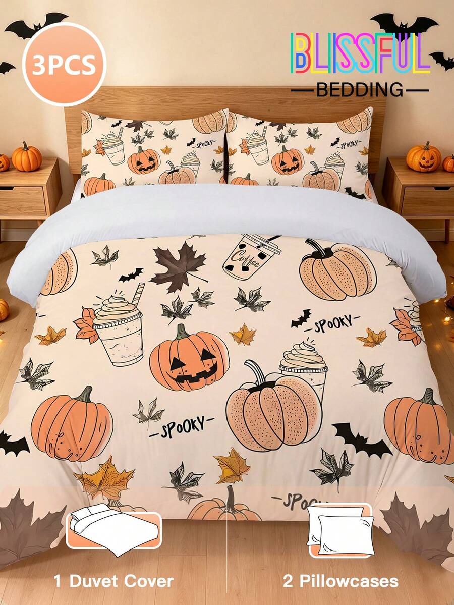 Juego de 3 piezas de funda nórdica de Halloween Blissful, tema de Halloween, juego de ropa de cama cómodo, impresión digital de alta definición, patrón de hoja de arce, postre y calabaza, 1 pieza de funda nórdica con cuatro esquinas y cremallera desmontable + 2 piezas de fundas de almohada con bolsillos, sin relleno, adecuado para dormitorio, residencia estudiantil (ropa de cama para dormitorios de niños y niñas) o viajes - Multicolor - Ver 1