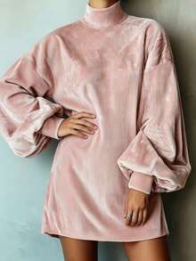 Women's Elegant High Neck Long Sleeve Solid Color Minimalist Casual Dress, Spring/Autumn - Pink - View 5