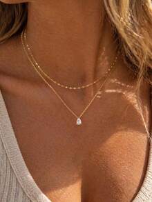 Layered Gold Necklaces For Women,14K Gold Plated CZ Pendant Necklace Stack Dainty Layering Teardrop Choker Necklaces Set Cute Gold Jewelry Sets - Gold - View 2
