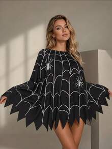 1pc Halloween Party Spider Web Print Cape, Black Asymmetrical Jagged Hem Oversized Batwing Sleeve Shrug, Gothic Spider Costume, Suitable For Various Festivals Halloween Party Cosplay - Black - View 3
