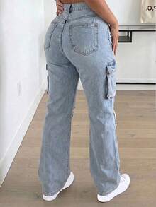 Women's High Waist Cargo Jeans With Ripped Detail, Retro Street Style, Versatile Denim Pants - Light Wash - View 2