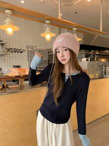 New Women's Spring/Autumn Colorblock 2 In 1 Square Shoulder Long Sleeve Fitted Base Layer T-Shirt Top - Royal Blue - View 6