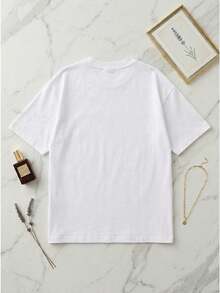 Oversized Bunny Graphic T-Shirt For Women, Aesthetic Print With Stars, Balloons And Rabbit, Preppy Style, Soft, Casual, Short Sleeve, - White - View 2