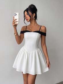 Soulscape Elegant Fashion White Off-Shoulder Mini Dress With Bow Detail On Back And Waist Party - Black and White - View 4