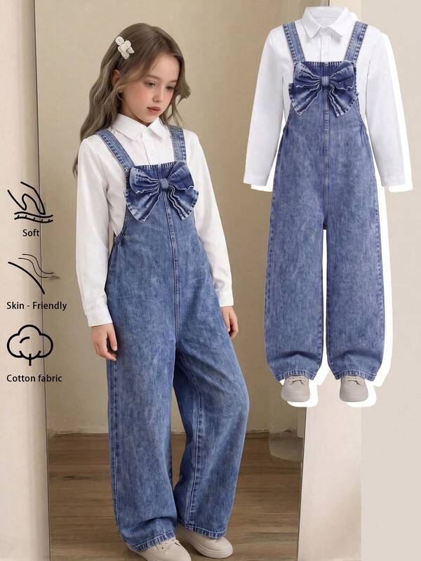 1pc Girls Denim Overalls With Sweet Bow & Ruffle Collar, Loose Fit Denim Jumpsuit, Spring/Autumn Fashion Versatile