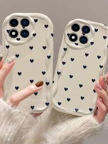 1pc Wavy Edge Navy Mini Heart Print Phone Case, Soft TPU Shockproof Protective Cover, Simple Heart Pattern Phone Case Compatible With Samsung, Moto, Series Phones - White - View 3
