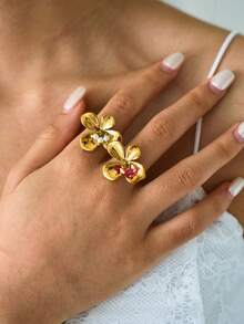 2pcs/1pc Vintage Leopard Print Flower 18K Gold Plated Stainless Steel Open Ring, Women's Waterproof Jewelry, Suitable For Daily, Vacation, Holiday Wear - Multicolor - View 3