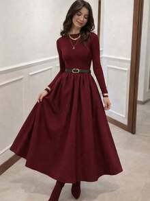 Women's Crew Neck Belted Long Dress - Burgundy - View 1