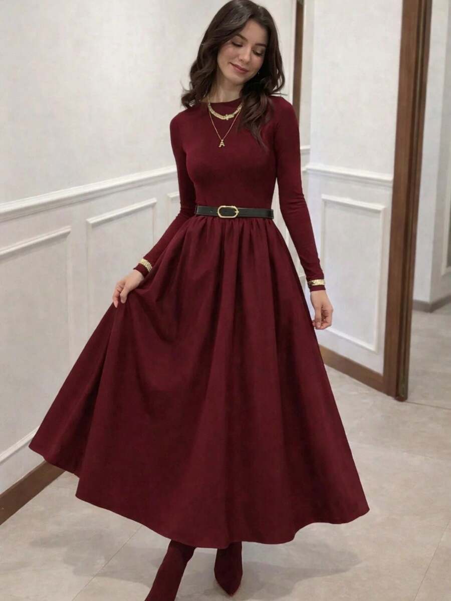 Women's Crew Neck Belted Long Dress - Burgundy - View 1