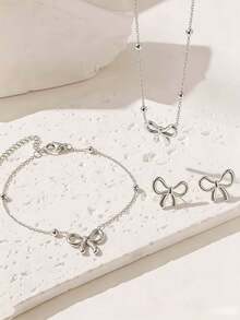 Minimalist Fashionable INS Style Elegant Stainless Steel Bow 3 Pieces Set, Suitable For Girls' Daily Use And Gift Giving - Necklace Set - View 2