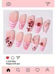 24pcs Almond-Shaped French Press-On Nails, Pink, With 3D Ladybug, Striped And Floral Patterns, Includes 1pc Jelly Gel And 1pc Nail File, Summer Manicure Set, Aesthetic - Multicolor - View 5