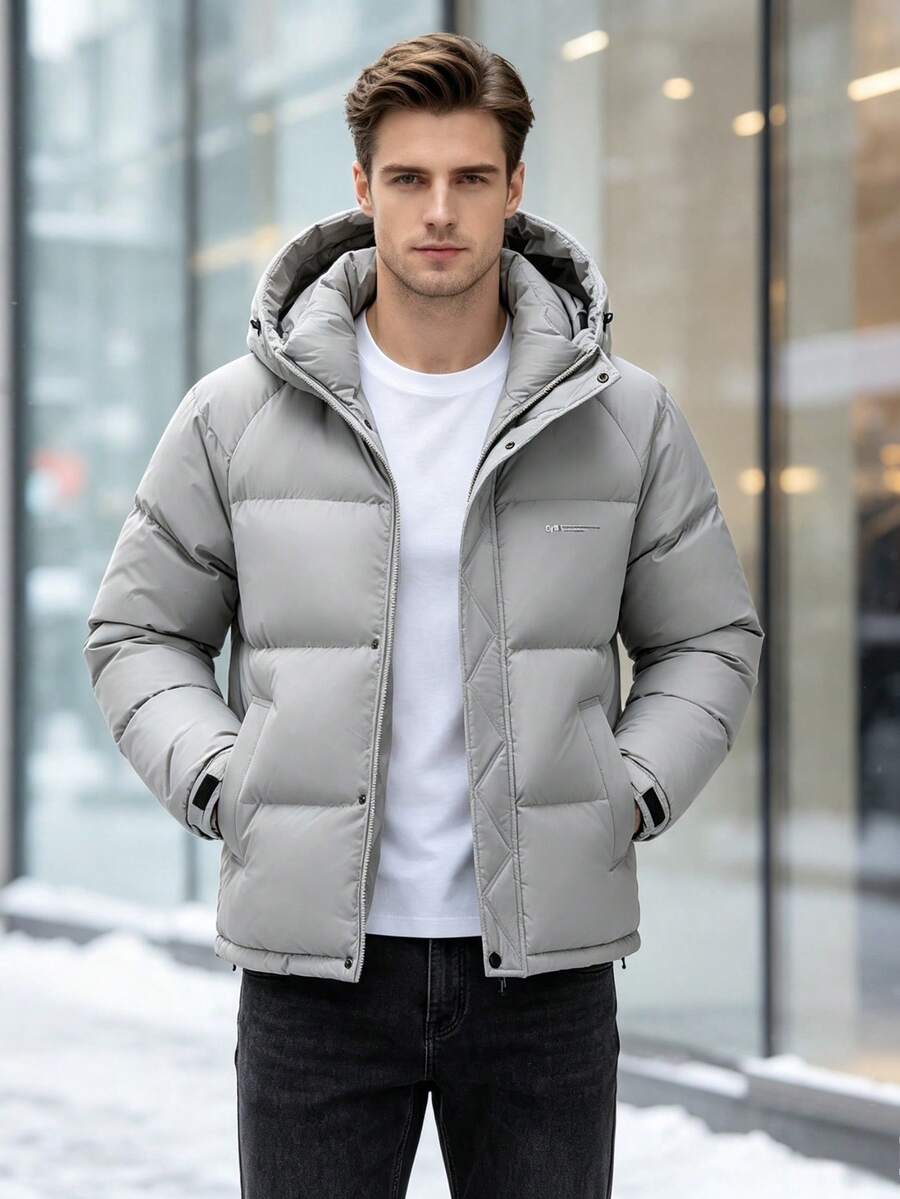 Men Warm Hooded Padded Coat, Loose Casual Zip Up Winter Cotton Jacket Solid Color Outerwear - Light Grey - View 1