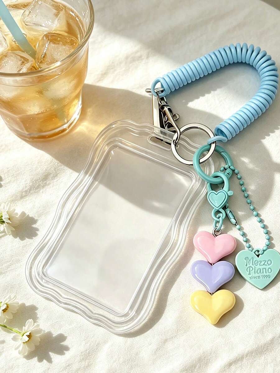 Transparent Wavy Card Holder With Portable Spring Rope Design, Heart Pendant Design, Durable Fashion Accessory, Suitable For Women, Cute And Practical Plastic Keychain, Campus Essential, Fashion Keychain, Cute Heart Pendant, Suitable For ID Cards, Credit Cards, Bus Cards And Keys - Multicolor - View 1