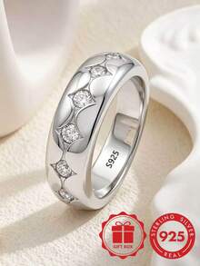 S925 Sterling Silver Starlight Grooved Rhinestone Inlaid Plain Ring, Minimalist Shiny Wavy Multi-Stone Couple Versatile Band With Gift Box - Silver - View 11