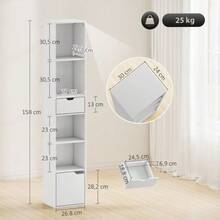 6-Tier Bookshelf, 3-Level Adjustable, With Drawer, Cabinet Door, Customizable Shelf, Display Shelf, White - White - View 3