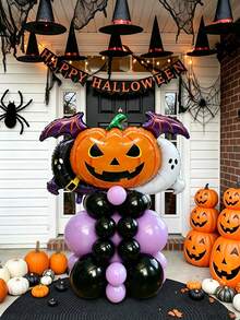 Conjunto de 31 Peças Coluna de Balões de Abóbora de Elfo de Halloween, Inclui Balões de Folha de Abóbora de Elfo de Halloween, Balões de Látex Pretos e Roxo Claro, Adequado para Festa de Halloween, Decoração de Cenário Externo, Festa Assustadora, Decoração de Cenário de Reunião de Amigos, Decoração de Fotografia - Multicolorido - Visão 7