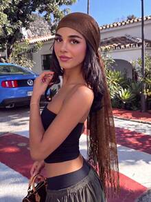 1pc Women's Bohemian Style Luxury Shiny Tassel Shawl, Elegant And Breathable, Can Be Used As Headscarf, Scarf, Evening Dress Accessory, Suitable For Campus Party Occasions, All Seasons, Including Summer Beach Use, Graduation Season, Opening Ceremony - Brown - View 3
