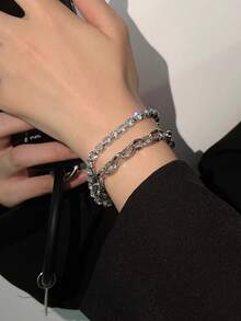 1pc Luxury Niche Double Layer Rhinestone Single Layer Rhinestone Bracelet - Silver - View 4