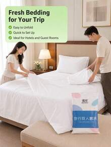 1 pieza Juego de ropa de cama desechable para viaje que incluye sábana, edredón y funda de almohada, adecuado para hotel, motel, estilo, color y empaque aleatorios - Blanco - Ver 3
