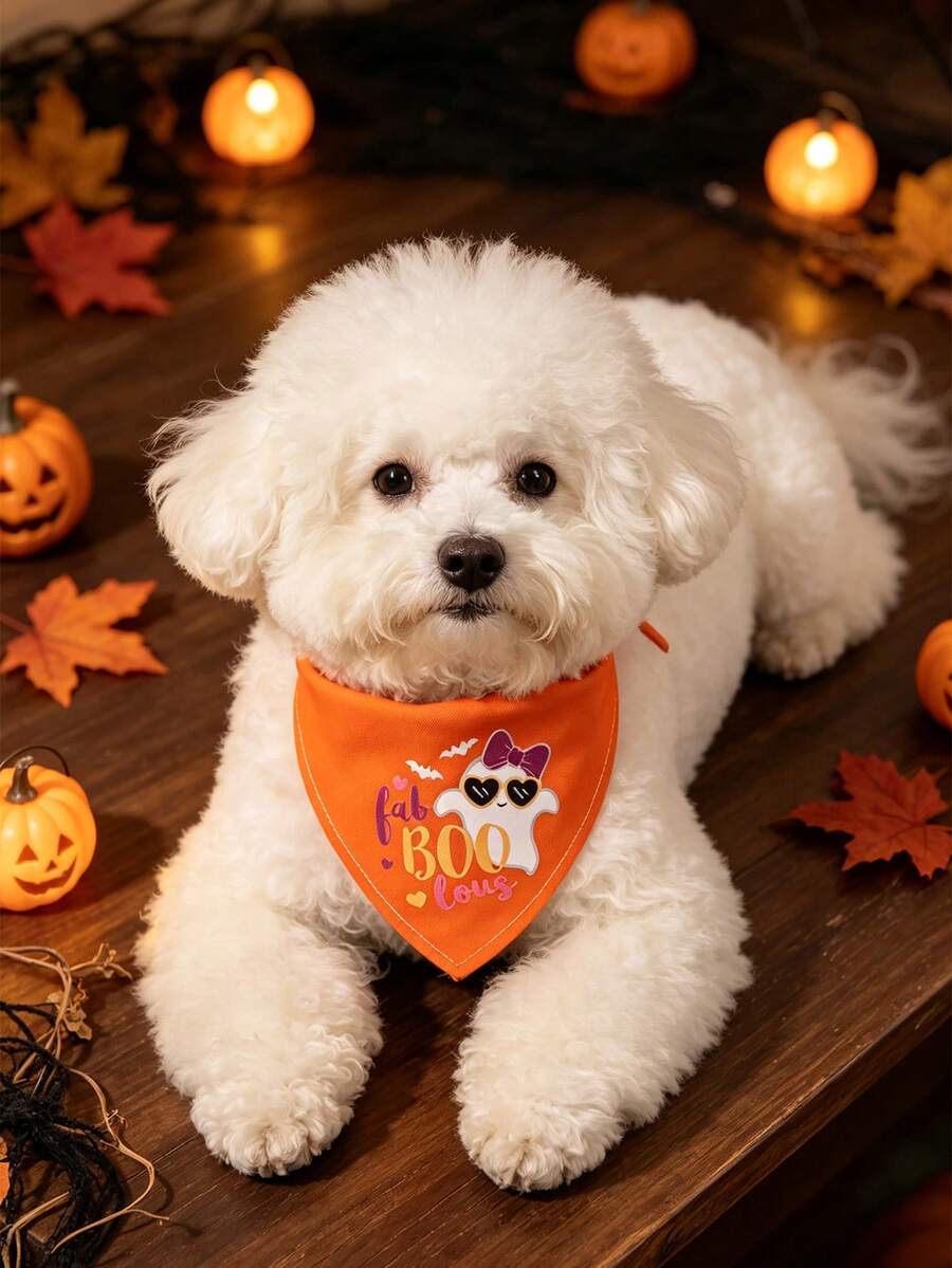 Polyester Material Comfortable Soft Cartoon Print Pet Scarf, Suitable For Cats And Dogs For Indoor Or Outdoor Use - Orange - View 1