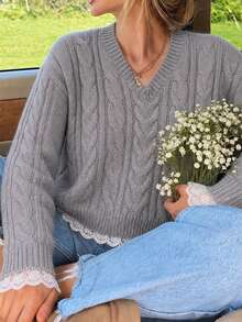Sweater Rajut Kabel Leher V dengan Hiasan Renda - Pullover Longgar yang Nyaman untuk Musim Gugur, Cocok untuk Gaya Kasual Sehari-hari dan Kampus di Musim Gugur - Grey - View 6