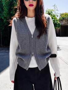 Cardigan Vest Wanita Kasual Minimalis Serbaguna dengan Desain Resleting, Musim Gugur/Musim Dingin - Grey - View 2