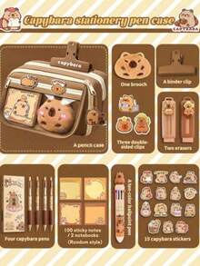 6pcs Large Capacity Canvas Pencil Case, Capybara Pattern, Multi-Functional Stationery Storage Bag, Back To School Essential - Camel - View 18