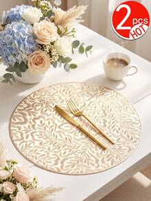 Tkvega • Home 12入金色葉片餐墊，PVC材質3D壓紋圓形奢華風隔熱墊，精美花瓶墊 38cm，可水洗易清潔可擦拭，防滑耐熱，適合房間裝飾、居家餐桌裝飾與家居佈置，適合節日、派對、生日、婚禮及晚餐聚會 - 彩色 - 查看 14
