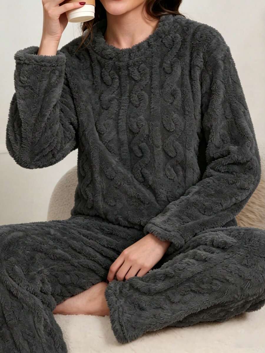 2件組女款長袖褲裝純色舒適保暖睡衣套裝,適合居家與戶外穿著 - 黑色 - 查看 1