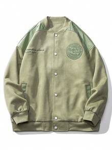 Men Spring Autumn Spliced Varsity Jacket, Embroidery Badge Letter Embroidery Loose Baseball Coat - Green - View 5