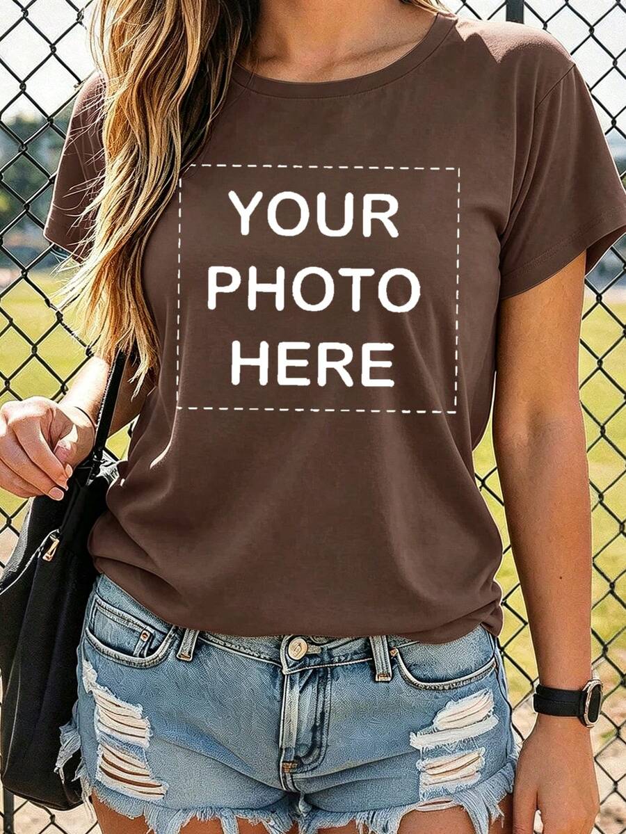 Personalized Women's T-Shirt, Customizable With Text And Photos, Suitable For Christmas Party And Holiday Gifts, Casual Summer, Birthday Custom Printed T-Shirt - Khaki - View 1