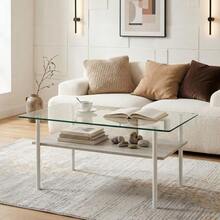 Modern Coffee Table With Black Glass Top, Living Room Table With MDF Shelf And Metal Frame, Rectangular Sofa Table With 2-Tier Storage, Black-H45/W98/D58 Cm - 白色 - 查看 4
