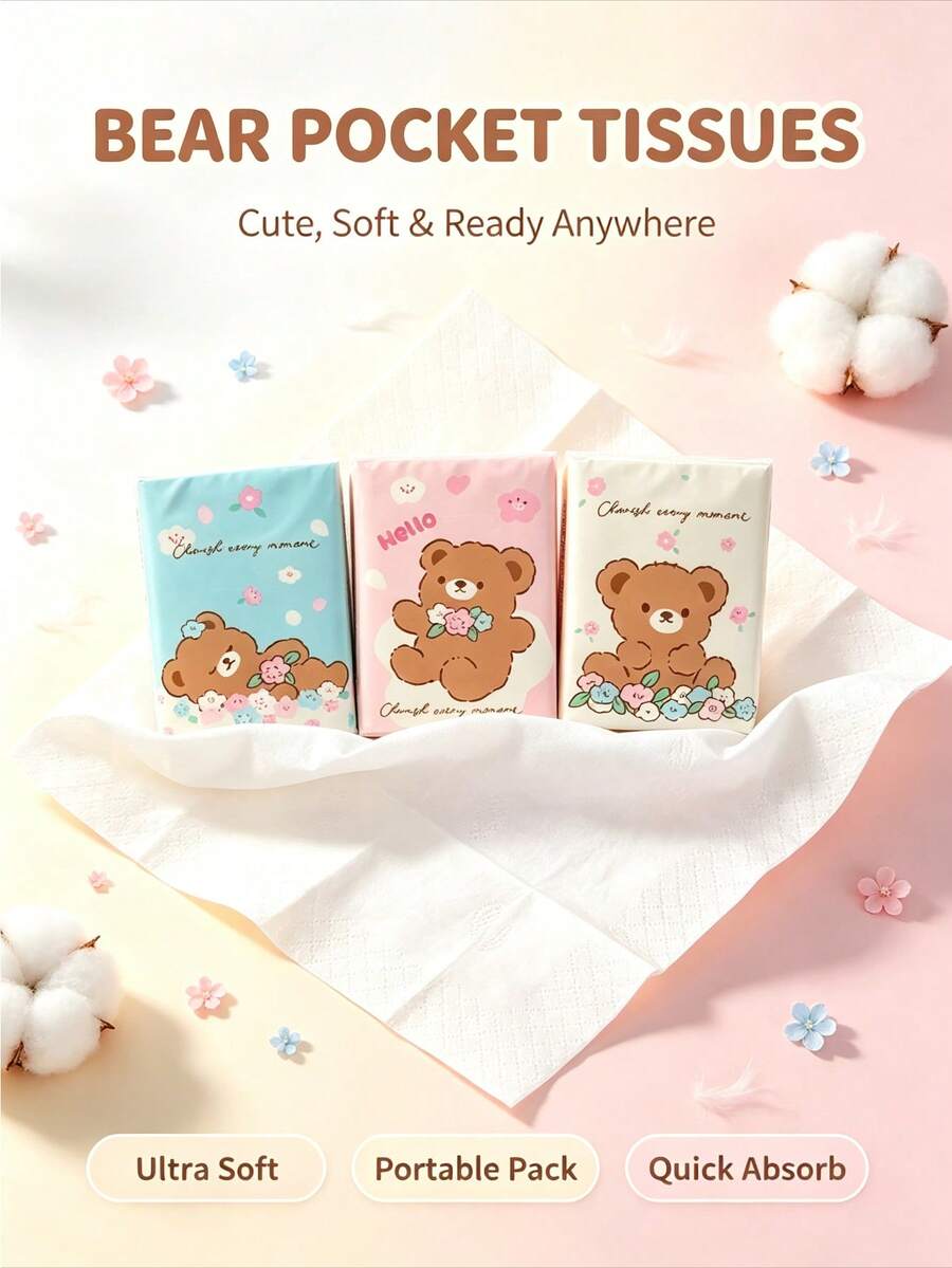 1pack Pocket Tissue Mini Disposable Napkin, Cute Bear Pattern Outer Package, Soft Gentle Texture For Skin Contact, Compact Size Easy To Put In Bags, Suitable For Daily Outing, Travel And Dining Use, Lovely Portable Household Sanitary Accessory - Multicolor - View 1