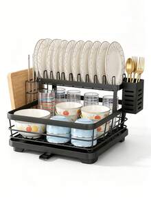 2Layer Double Layer Heavy-Duty Metal Bowl Rack With Drainage Board, Cutlery Rack, And Cup Hook | Space Saving Countertop Bowl Rack, Adjustable Plates, Pots, Pans, And Sturdy Kitchen Storage Rack - Black - View 2