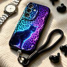 1pc Detachable Hand Strap Accessory, Asymmetrical Cream Wave Pattern Phone Case With Leopard Cat Element Design, Compatible With Galaxy S23/S24/S25/S26/S26Ultra/S26 Plus/A57/A37/A17/A07/ Note13Pro/ A3X/ Y21 Pure Android Series Models - Black - View 6