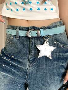 1pc Blue Women's PU Material Dopamine Solid Color Versatile Belt - Blue - View 2