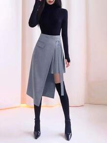 Women's Elegant Solid Color High Waist Versatile Daily Skirt - Dusty Blue - View 5