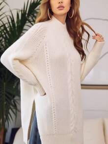 Women's Plus Size Cream Cable Knit Mock Neck Sweater Dress - Bodycon Long Sleeve Pullover Mini Dress For Fall Winter Chic Party Wear - Beige - View 2