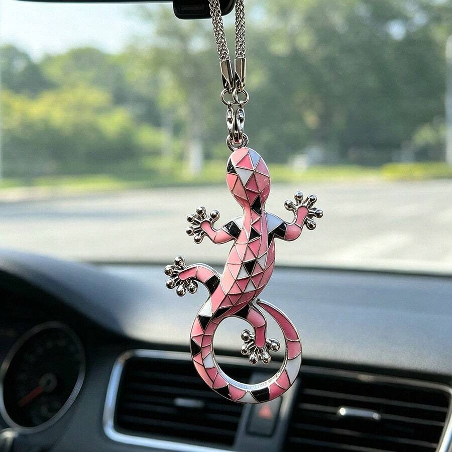 1pc Lucky & Gecko Car Hanging Ornament/Rearview Mirror Pendant/Fun Alloy Chain Car Decoration Gift - Gecko Pendant - View 1