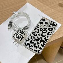 New 6pcs Black Leopard Print Metal Frame Phone Case + Charging Head Protector + Data Cable Protector + Storage Rope + Data Cable Winder - Clear - View 3
