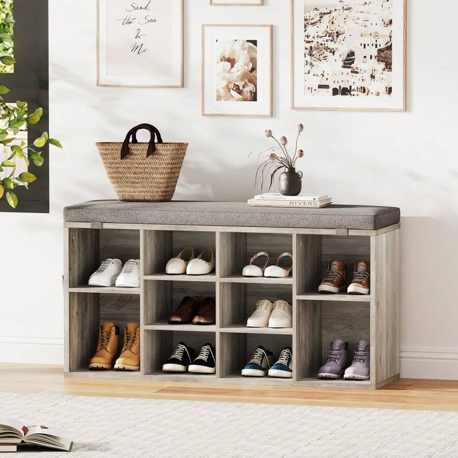 Techigher Shoe Storage Bench With Cushion, Shoe Rack Organiser, Hallway Storage Bench With Padded Seat & Adjustable Shelves, Compact Shoe Cabinet For Entryway, Bedroom, Living Room - Grey 104*30.5*53 - View 1