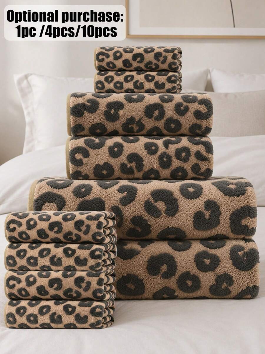 1pc/4pcs/10pcs - Luxury Leopard Print Bath Towel Set - Jacquard Coral Fleece Terry Cloth, Ultra-Soft Plush Towels, Ideal For Creating Bold Home Decor And Spa Environment - Brown - View 1