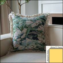 1pc Bohemian Jacquard Throw Pillow Cover, Thickened Linen Textured Fabric With Four-Sided Fringed Tassel Design, Fits Living Room Sofa, Bedroom Bed, Bay Window, Study Chair, Invisible Zipper Closure For Easy Removal And Machine Wash, Suitable For Pastoral, Farmhouse And Other Home Decor Styles, Multiple Patterns Available Fabric Soft Decoration Pillow Cover - Jacquard Green Lotus With White Stamen - View 10