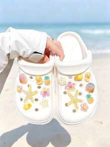 16pcs Beach Style Marine Creature Shoe Charms DIY Detachable Shoe Decorations ABS Starfish Shell Flower Shoe Accessories Suitable For Wooden Clogs Women's Sandals Slippers Beach Shoes, Holiday Gift - Yellow - View 2
