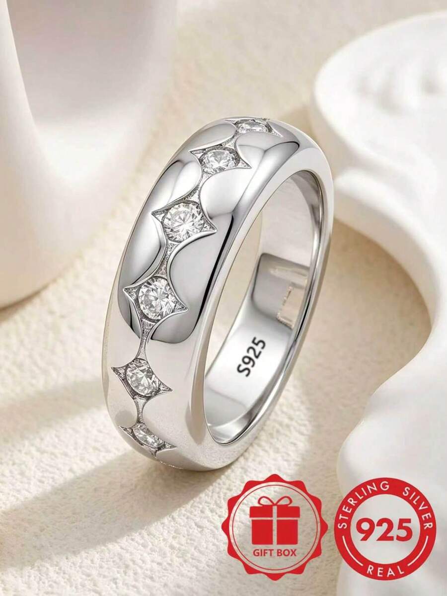S925 Sterling Silver Starlight Grooved Rhinestone Inlaid Plain Ring, Minimalist Shiny Wavy Multi-Stone Couple Versatile Band With Gift Box - Silver - View 1