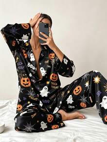 2pcs Women's Satin Pajama Set, Halloween Pumpkin & Ghost Fun Print, Lapel Long Sleeve Wide Leg Loungewear, Home & Party Dual-Use - Black - View 2